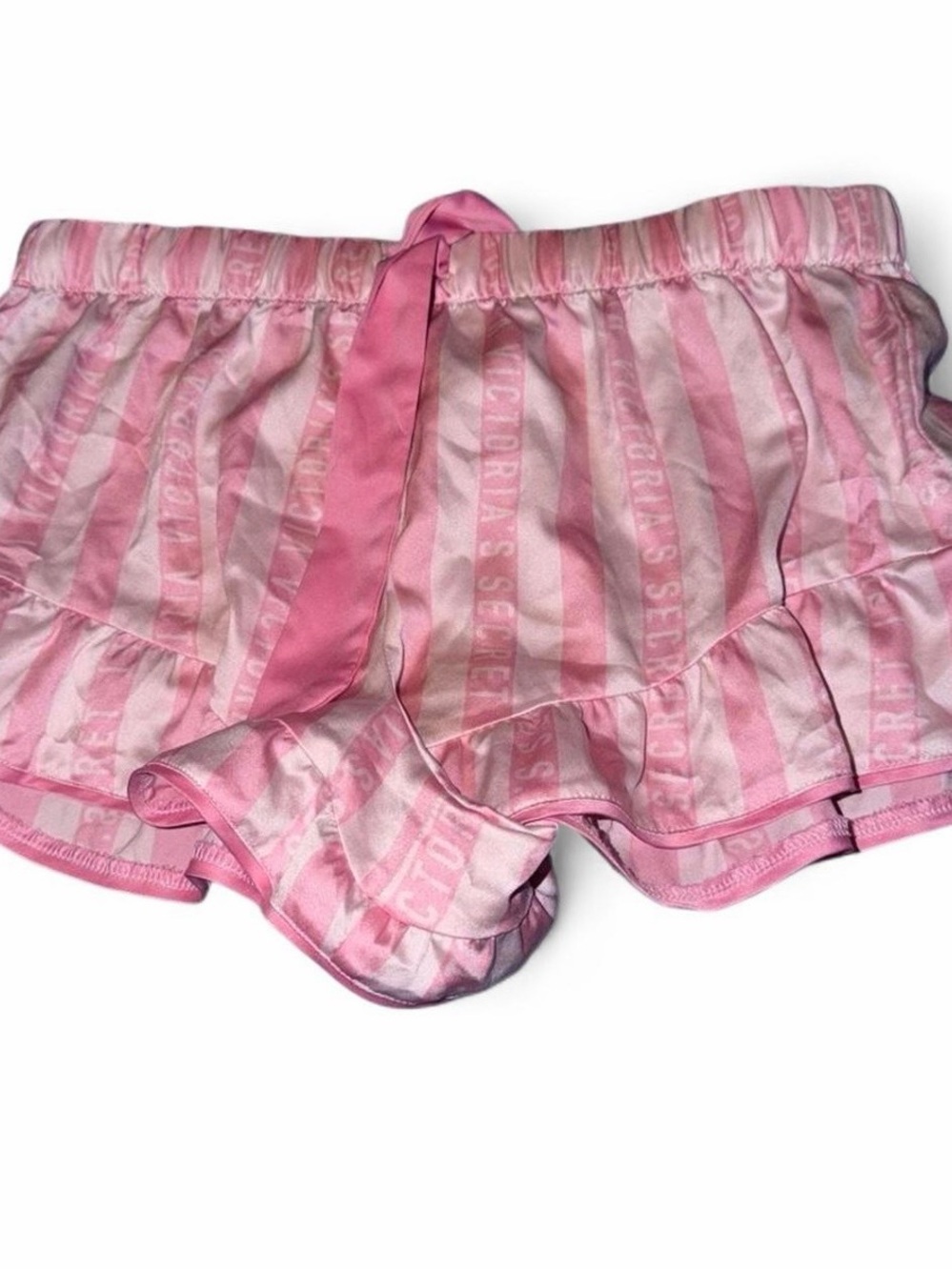 Victoria's Secret Pink Satin Striped Sleep Shorts with Ruffle Waist